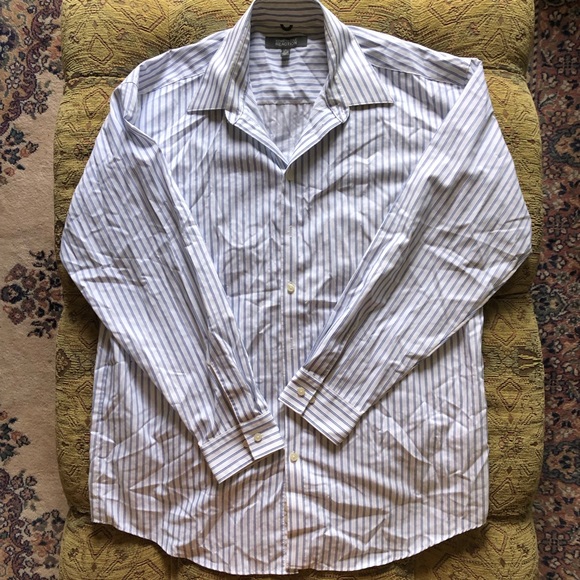Kenneth Cole Reaction Button Down Shirt Size L 16.5 White Blue Pinstripe - Picture 1 of 6